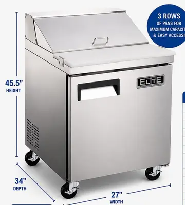 Elite Stainless Steel Single Door 27" Mega Top Sandwich Prep Table on Castors
