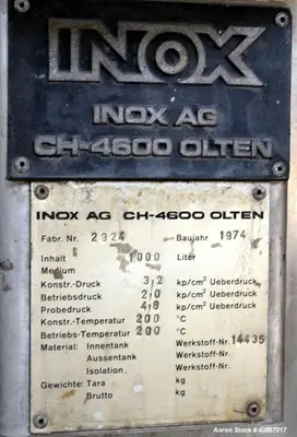 Used Inox AG 1000L Mobile Pressure Tank – 316L Stainless Steel, 28.4 PSI, Horizontal