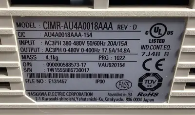 Used Yaskawa YASKAWA ELECTRIC CIMR-AU4A0018AAA 380-480VAC 20 / 15A UNMP Variable Speed Drives South Carolina US | Palmetto Automation #1506733