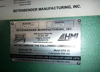 Betenbender 160 Ton x 12' Hydraulic Press Brake MODEL 12'-160 w/ CNC Back Gauge