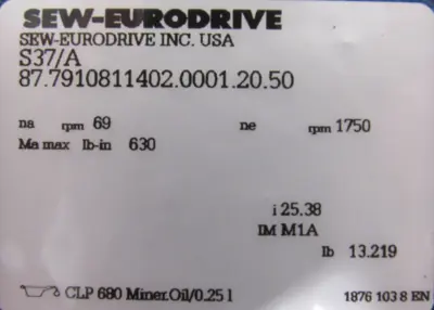 NEW SEW EURODRIVE S37/A GEAR REDUCER 25.38:1 S37A