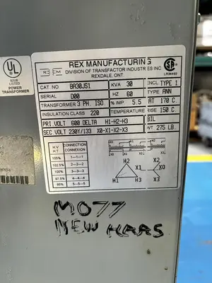 REX TRANSFORMER 30KVA (600V- 230/133V)