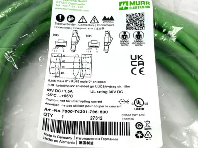 New | in-Stock Murrelektronik Double End Ethernet Cable Male RJ45 4-Pole 15m Cable & Wire Michigan US | Maverick Industrial Sales #1463128