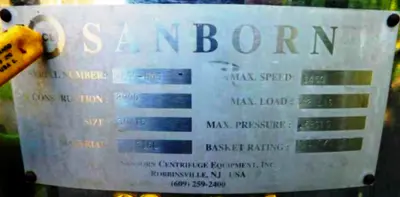 Sanborn 30 x 16 sanitary perforate basket centrifuge, 316L SS.