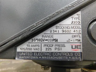 United Electric J300 9602 452 Pressure Controller 30"HGV-20PSI 15A New