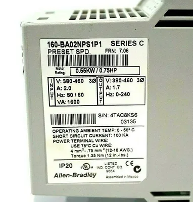 USED ALLEN BRADLEY 160-BA02NPS1P1 SPEED CONTROLLER SER.C FRN7.06 160BA02NPS1P1