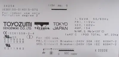 NEW TOYOZUMI UEB0150-014015-075 TRANSFORMER IEC61558-2-4 UEB0150014015075