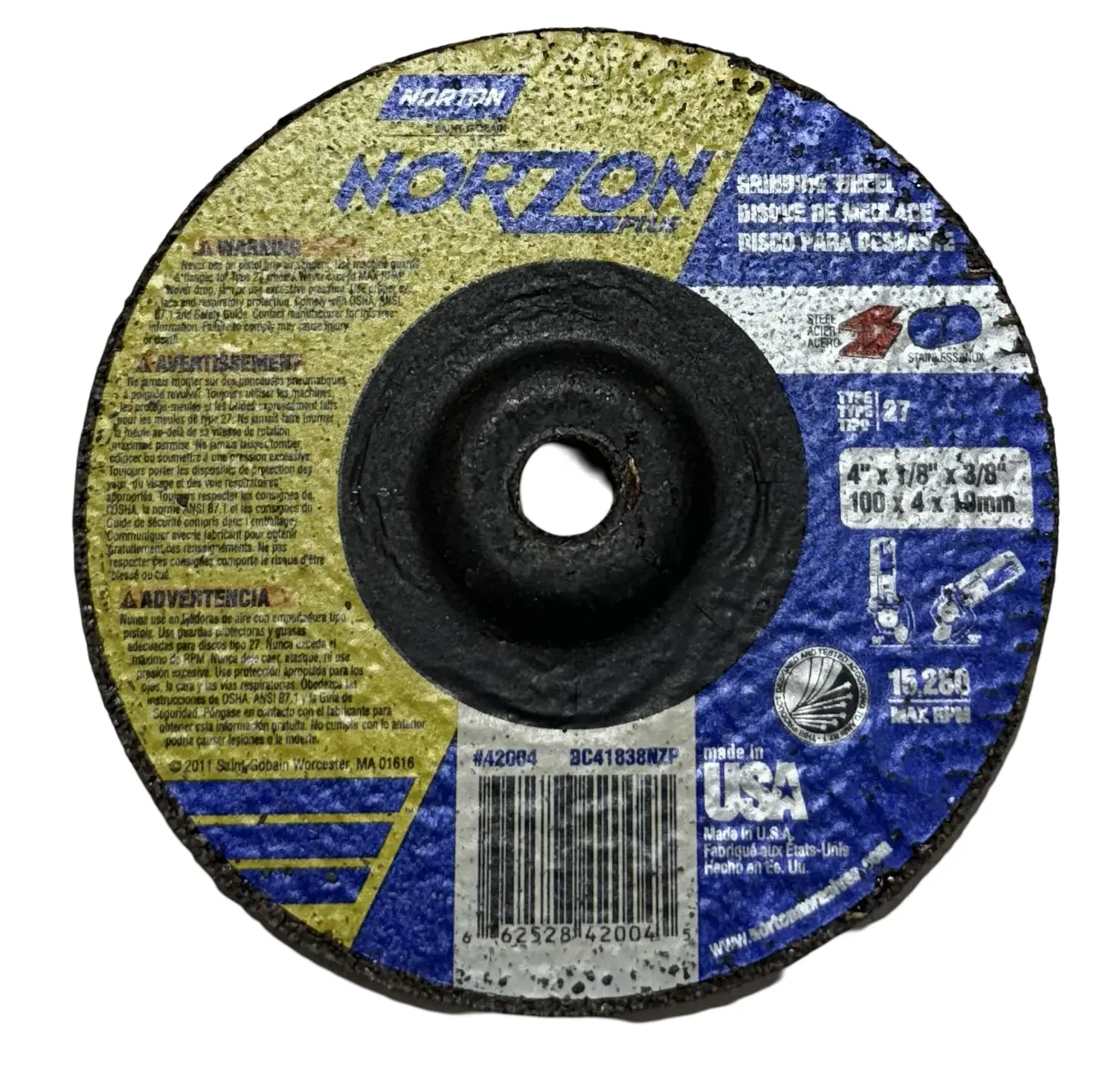 Norton 4-1/2" x 1/8" x 3/8" NorZon T27 Depressed Center Grinding Wheel