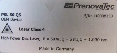 USED PRENOVATEC PSL-50-QS MARKING LASER CLASS 4 50W PSL50QS