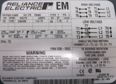 NEW RELIANCE ELECTRIC P56X1338H MOTOR .5HP 1725RPM 5/8" DIA.