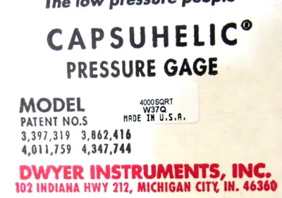NEW DWYER 4000SQRT PRESSURE GAGE W37Q