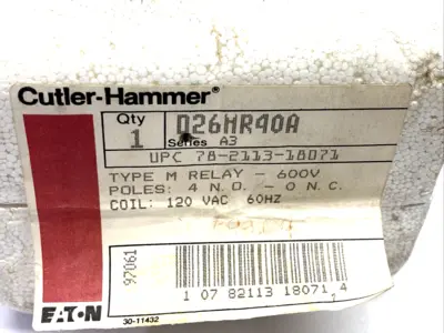 D26MR40A | Eaton  Series A3 Type M Relay 600V, 4 N.O. 120VAC Coil - New Other