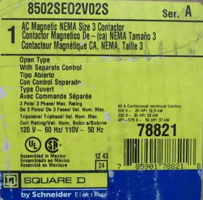 NEW SQUARE D 8502EO2V02S CONTACTOR SIZE 3