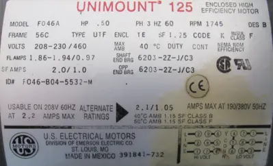 USED BROWNING 175Q56R60/B03N GEAR MOTOR 60:1 .5HP 208-230/460V F046A