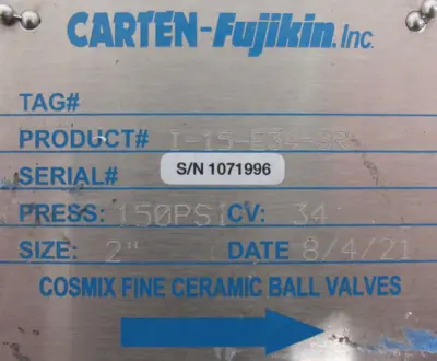 REFURBISHED CARTEN FUJIKIN I-15-E34-SR CONTROL VALVE 2" ES0100.U1A06A.19K0