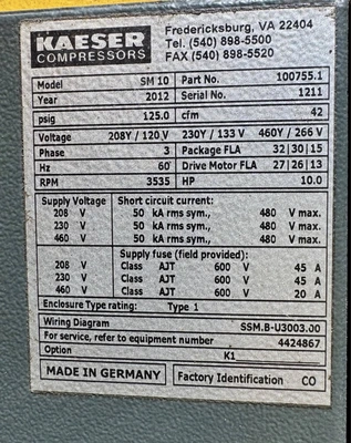 Used 2012 KAESER SM 10 Rotary Screw & Sliding Vane Air Compressors Massachusetts US | ARC Equipment Corp #1407974