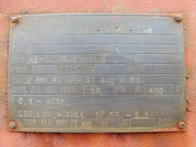 USED UNION CARBIDE 1400 GALLON CLOSED STORAGE VESSEL