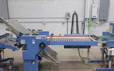 USED 2007 MBO PAPER FOLDER W/ UW UNWINDER, PANEL SHEETER SVC 520C, AND VERTICAL STACKING SVC 520S