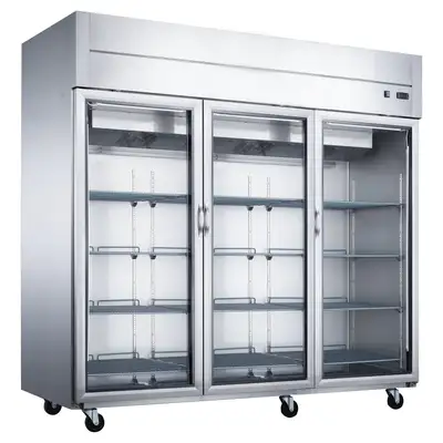 New | in-Stock Dukers New Dukers D83AR-GS3 Top Mount Glass 3-Door Commercial Reach-in Refrigerator Display Refrigerators Illinois US | Falcon Restaurant Supply #1376338