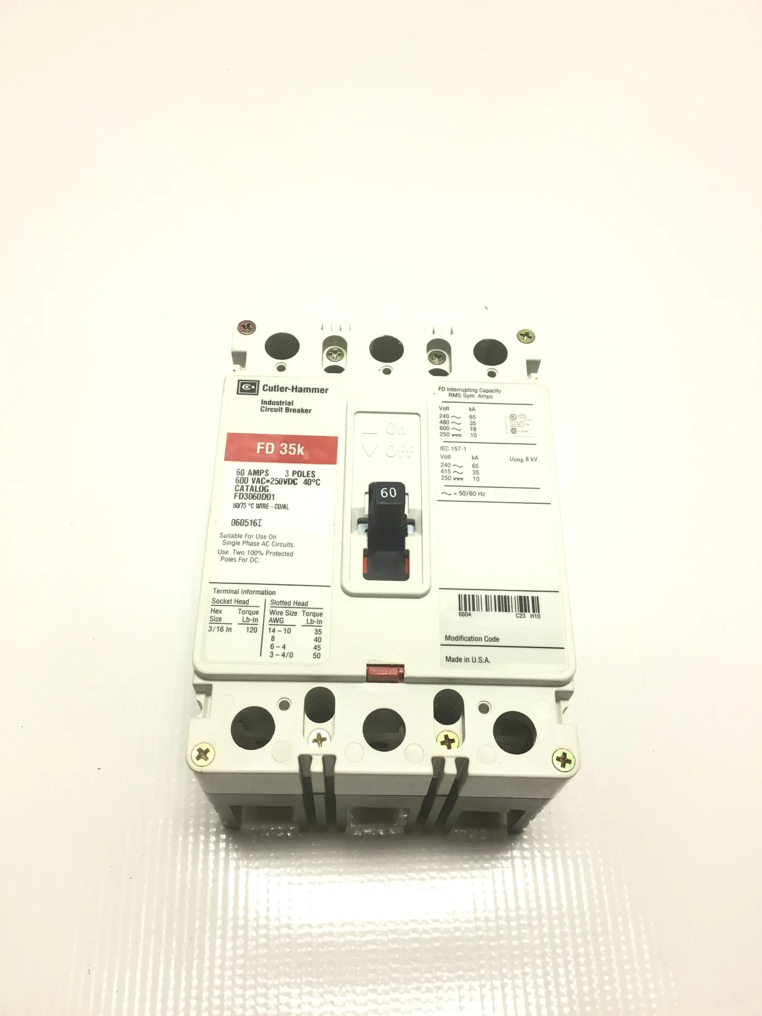 Cutler Hammer FD3060D01 Industrial Circuit Breaker 3 Pole