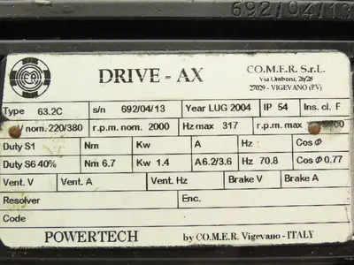 CO.M.E.R Powertech Drive AX 63.2C AC Servo Motor 220/380V 3PH  -Loud Shaft-