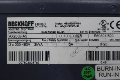Beckhoff AX2003-AS S60301-520 Digital Compact Servo Drive Amplifier STK K-413-D