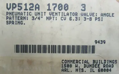 NEW HONEYWELL VP512A-1700-3 VENTILATOR VALVE 3/4" 3-8 PSI VP512A17003