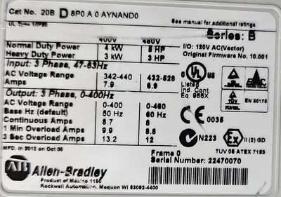Allen-Bradley 20BD8P0A0AYNAND0 PowerFlex 700 5 HP 480 VAC (BIN521)
