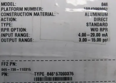 NEW FISHER 846-738-110316 CURRENT PRESSURE TRANSDUCER 846738110316