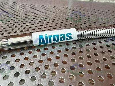 USED AIRGAS STAINLESS STEEL FLEXIBLE HOSE 39" W/ COMPRESSION FITTING, END ATTACHMENTS