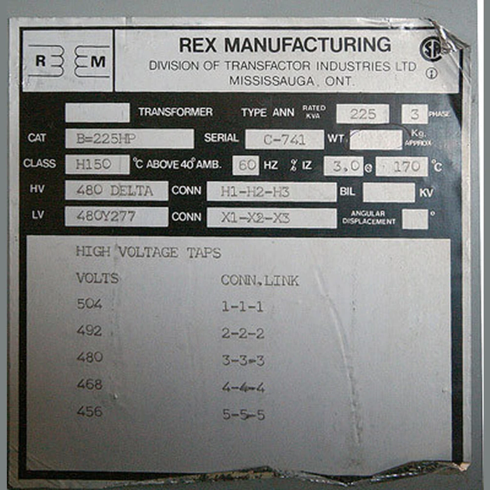 225 KVA 480  - 480Y/277 Volt 3 Phase Indoor Dry Rex Manf. Transformer
