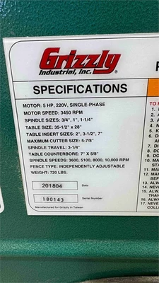 Used 2018 GRIZZLY G5912Z Woodworking Shapers Texas US | MachineryMax #1321871