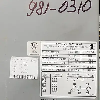 225 KVA 480V/600D to 208Y/120V 3 Phase Isolation Multi-tap Transformer