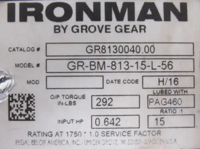 NEW GROVE GEAR GR8130040.00 GEAR REDUCER 15:1 GR-BM-813-15-L-56