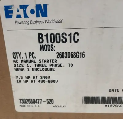 NEW EATON B100S1C AC MANUAL STARTER SIZE 1 7.5HP