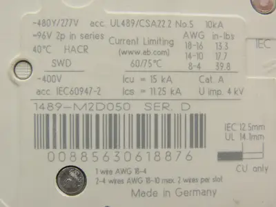 Allen Bradley 1489-M2D050 Circuit Breaker 5A 2 Pole 480 VAC Ser D Lot of 3