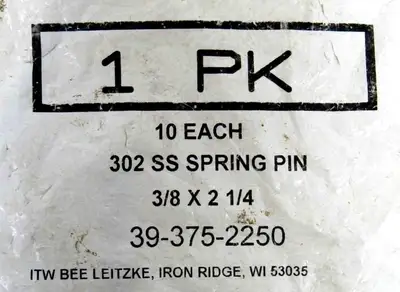 NEW LOT OF 10 ITW 39-375-2250 SPRING PIN 302 SS 3/8 x 2 1/4 393752250