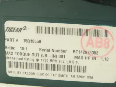 Dodge 15Q10L56 Tigear 2 Worm Gearbox 10:1 Reducer 175rpm 1.13Hp LH 56C