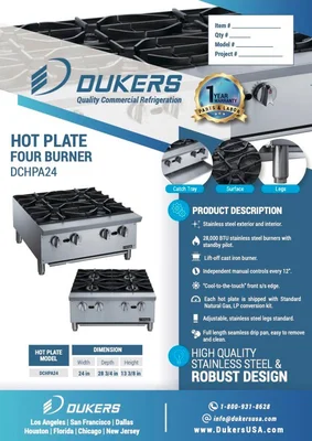 New | in-Stock Dukers New Dukers DCHPA24 Hot Plate with 4 Burners Hot Plates Illinois US | Falcon Restaurant Supply #1376246