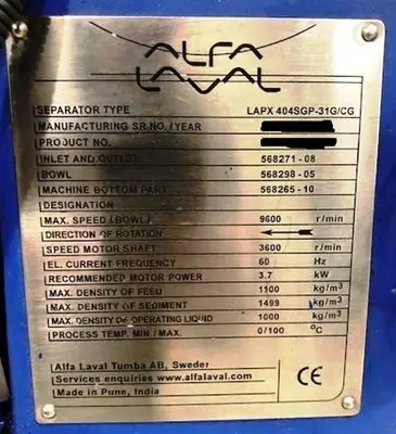 Alfa-Laval LAPX 404 SGP-31G/GC CLARA 20 HF clarifier skid.