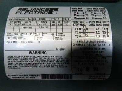 Reliance P56H3439U 5:1 Ratio 1Hp 3Ph 208-230/460-480V 60Hz Gear Motor W/Brake