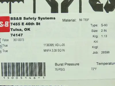 BS&B Safety Systems 1136395; VD-L-05 Rupture Disk 2" Type S-90 75 PSIG @ 72°F