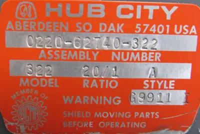 NEW HUB CITY 0220-62740-322 GEAR REDUCER 20:1 022062740322