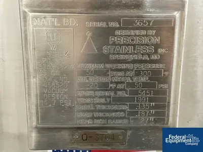 USED Precision 55 Gal Precision Receiver Tank, 316L S/S, 50#