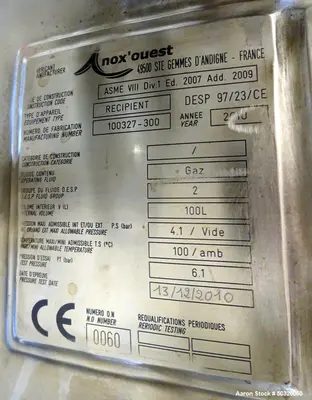Used Vertical,100 Liter Inox’ouest Pressure Mix Tank, 316 Stainless Steel