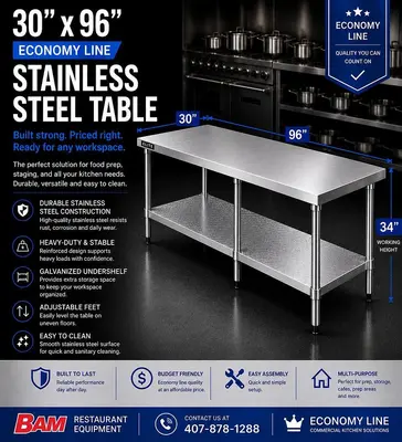 30"x96" Economy Line Stainless Steel Table