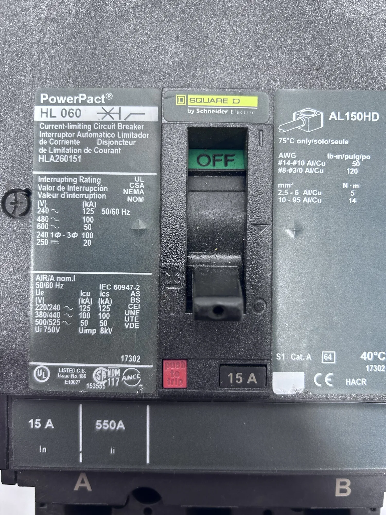 Square D HLA260151 I-Line Powerpact H Molded Case Circuit Breaker