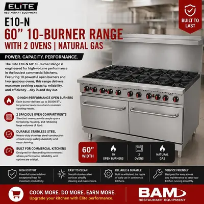 Elite E10-N 60" 10-Burner Range with 2 Ovens | Natural Gas