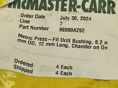 96990A292 | Drill Bushing 8.2mm ID 15mm OD 12mm Long Chamfer On One End LOT OF 4 - New Other