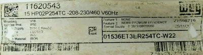 NEW WEG 01536ET3ER254TC-W22 MOTOR 15HP 208-230/460V 3530RPM 254TC 1-5/8" DIA.